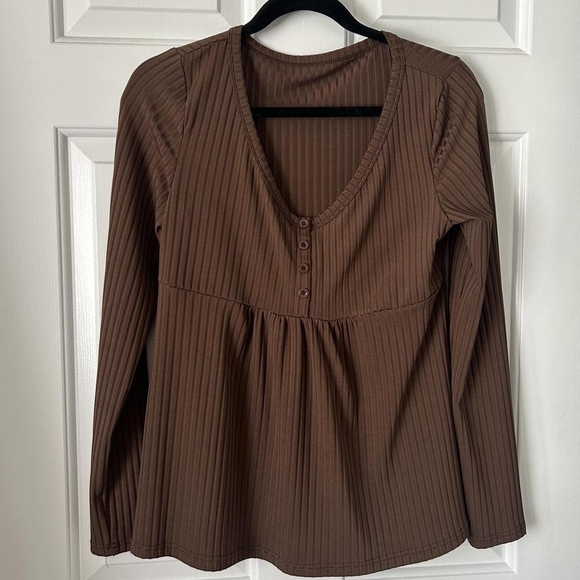 Brown Ribbed Long Sleeve Top - Picture 1 of 2